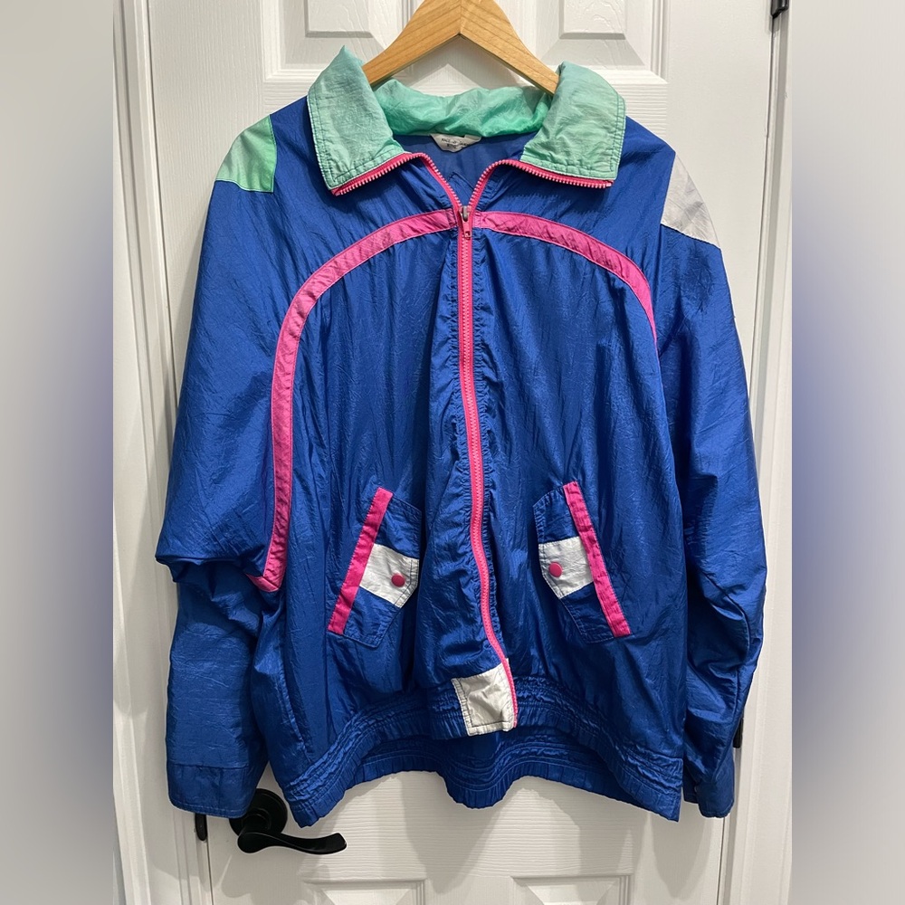 VTG 90s Venezia Windbreaker Raincoat Jacket Colourblock Streetwear Sz 14-16 Blue